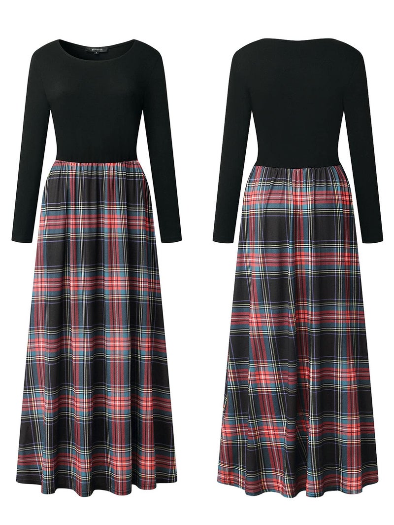 MEROKEETY Women's Plaid Long Sleeve Empire Waist Full Length Maxi Dress, Black Green, Large - Image 4